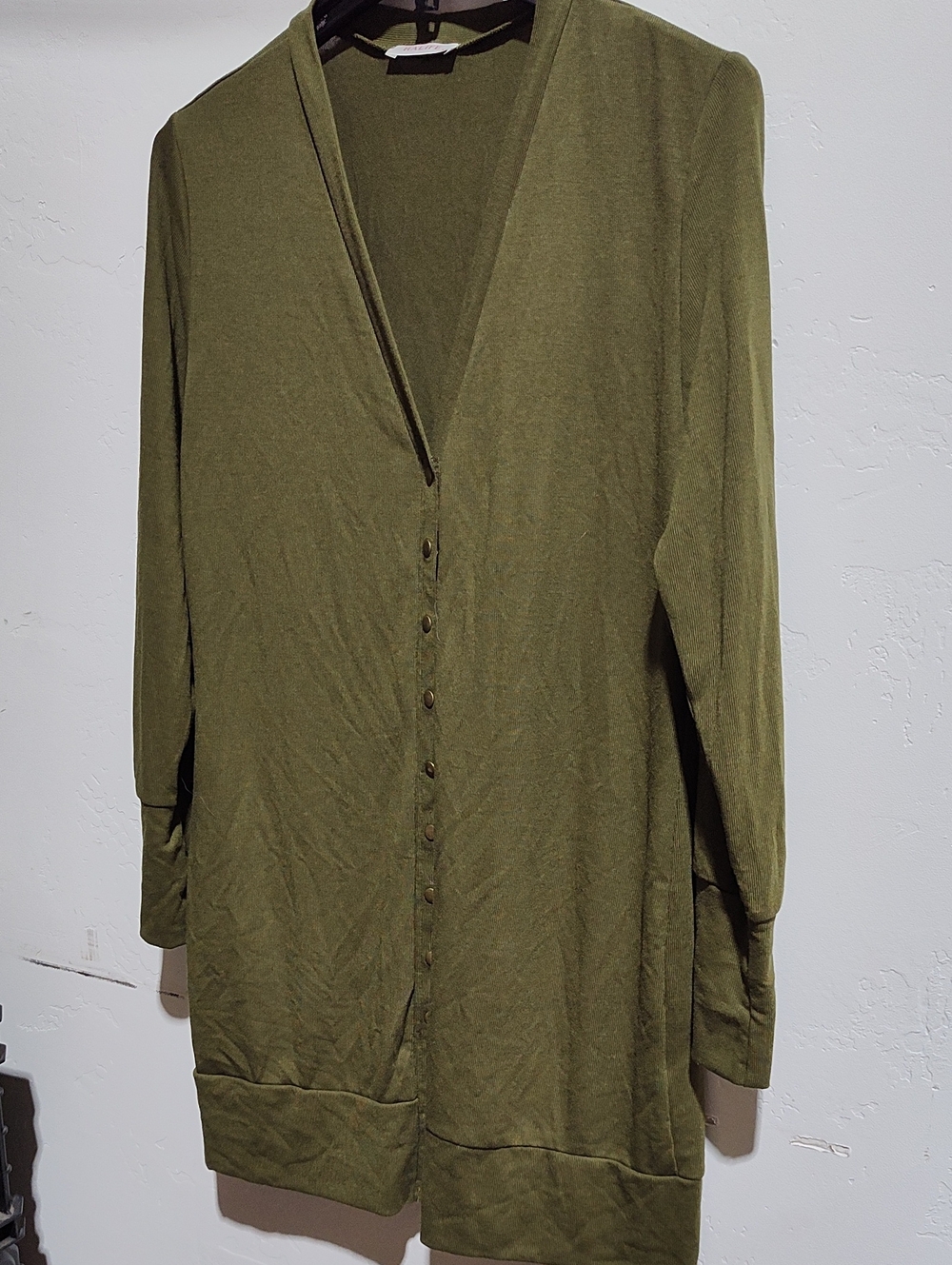 Olive Green Long Button-Front Women's Sweater Cardigan, Like New , XL